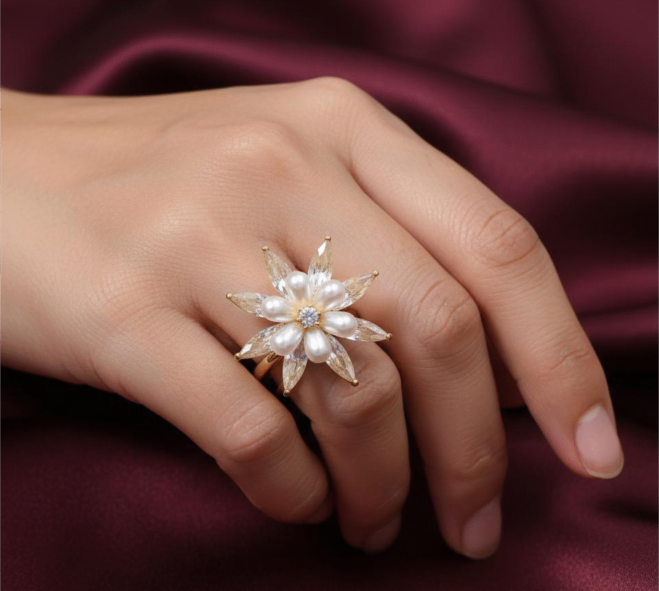 Golden Pearl Sunflower Brass Ring for women