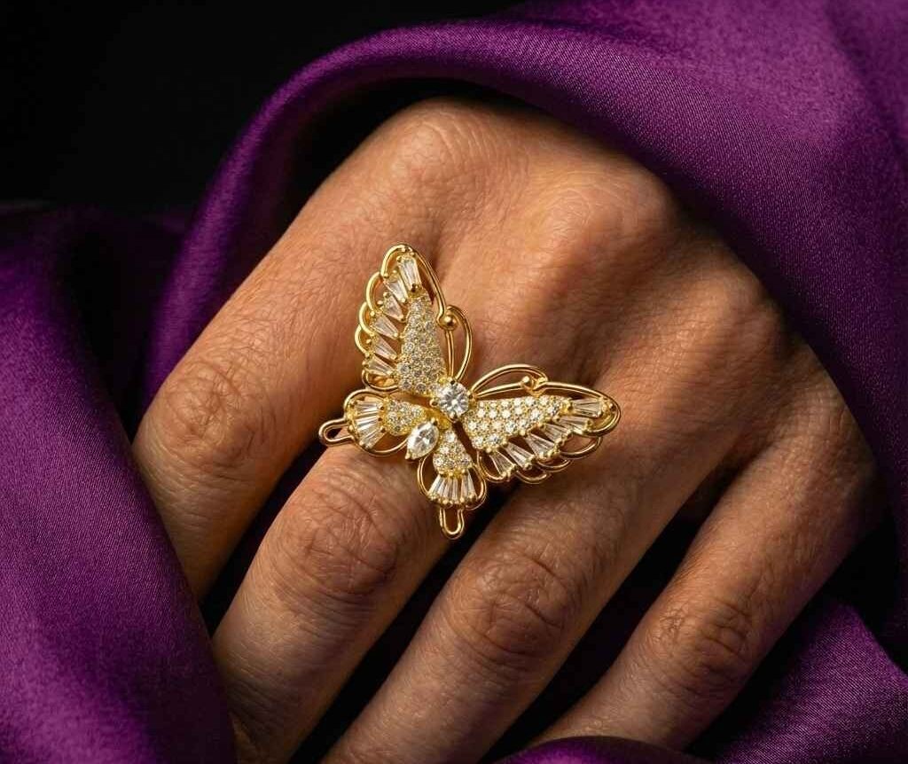 Regal Golden Butterfly Shape Brass Ring For Women