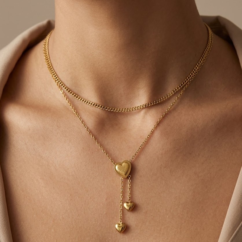 Double layered golden heart necklace - Image 4