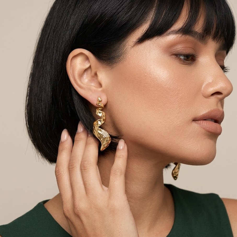 Golden Twisted Wave Earrings - Image 3